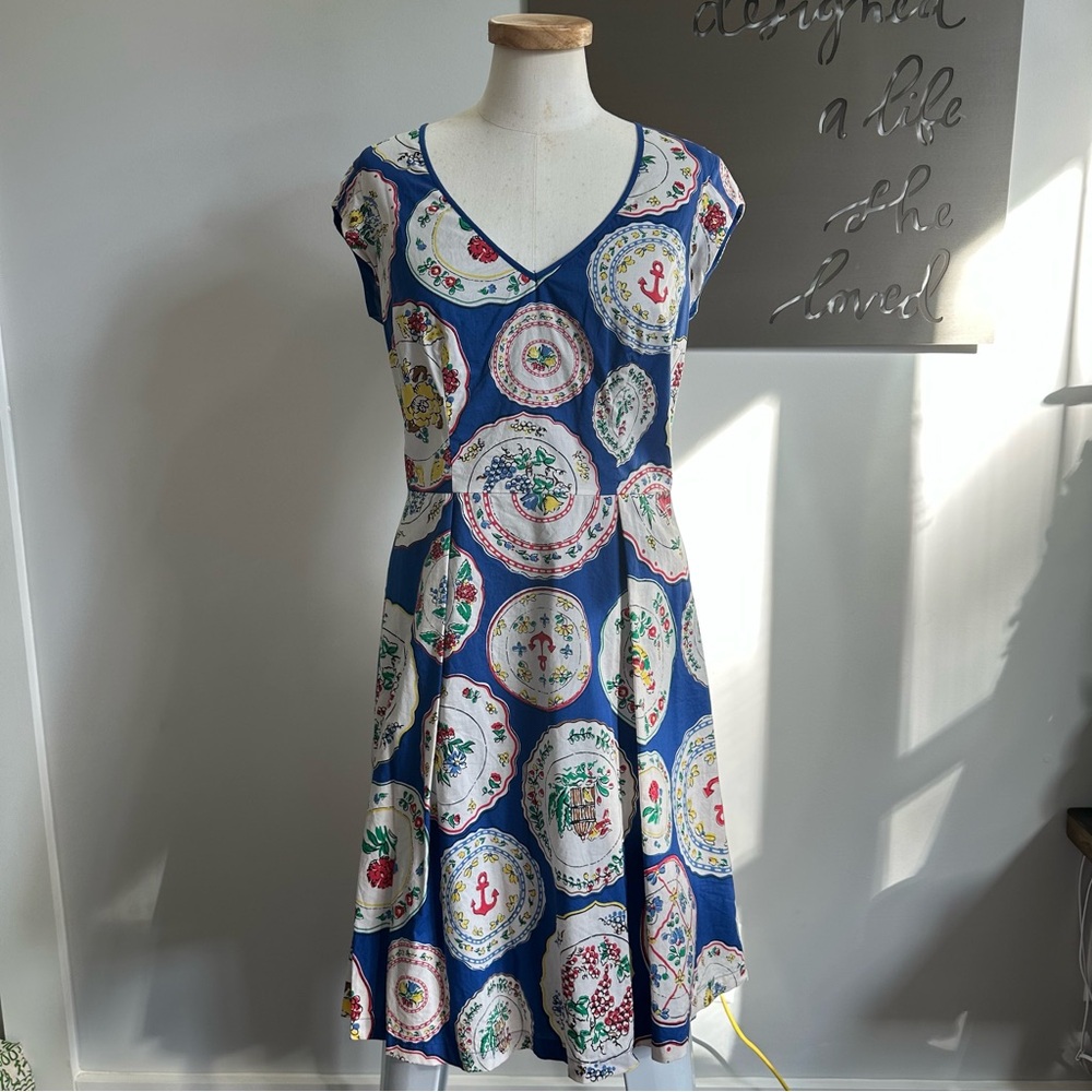 Boden Blue and White Patterned Midi Dress